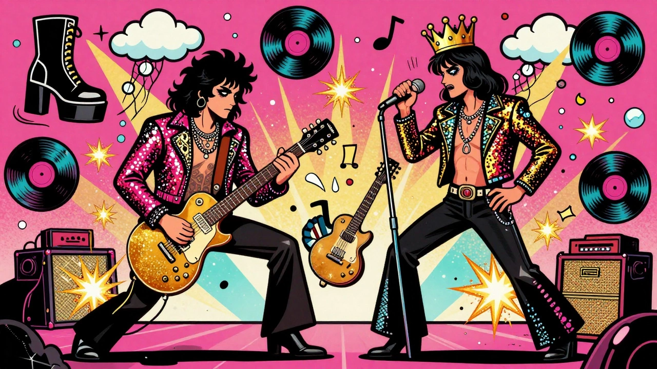 Glam rock band performing on a colorful 1970s-inspired stage with glitter explosions and floating platform boots.