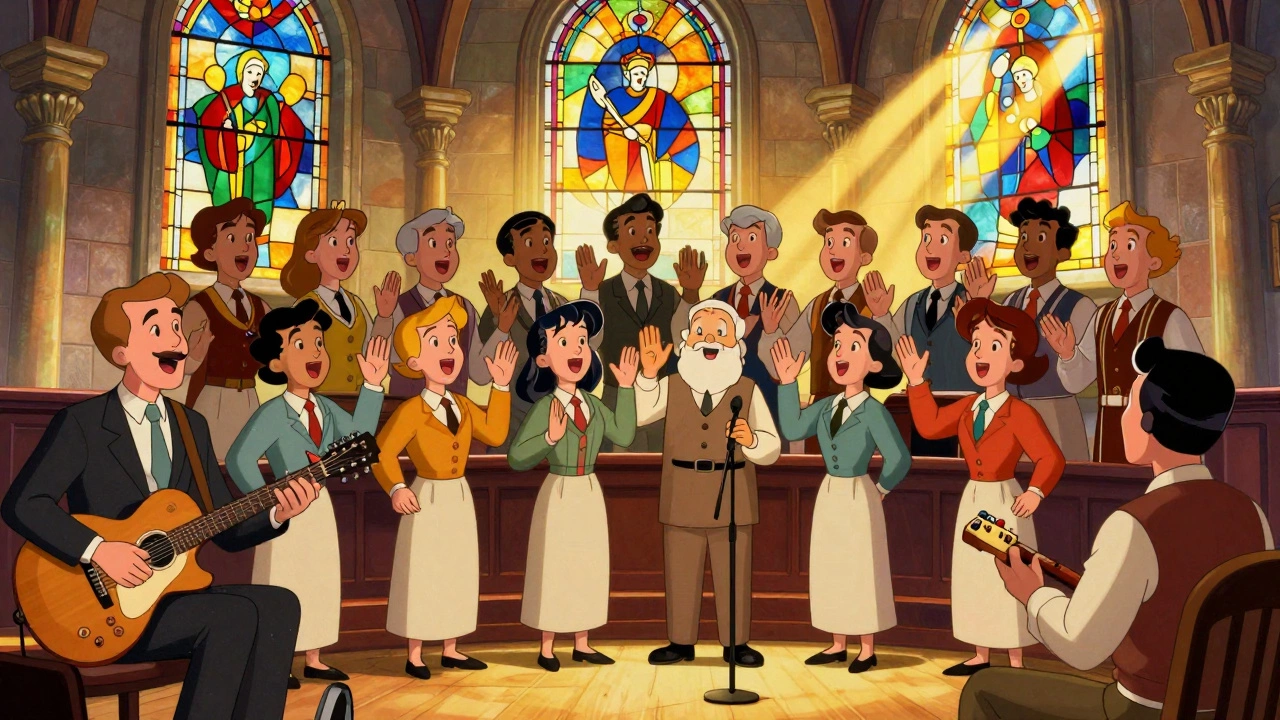 Gospel choir singing in church with stained glass windows, musicians playing instruments