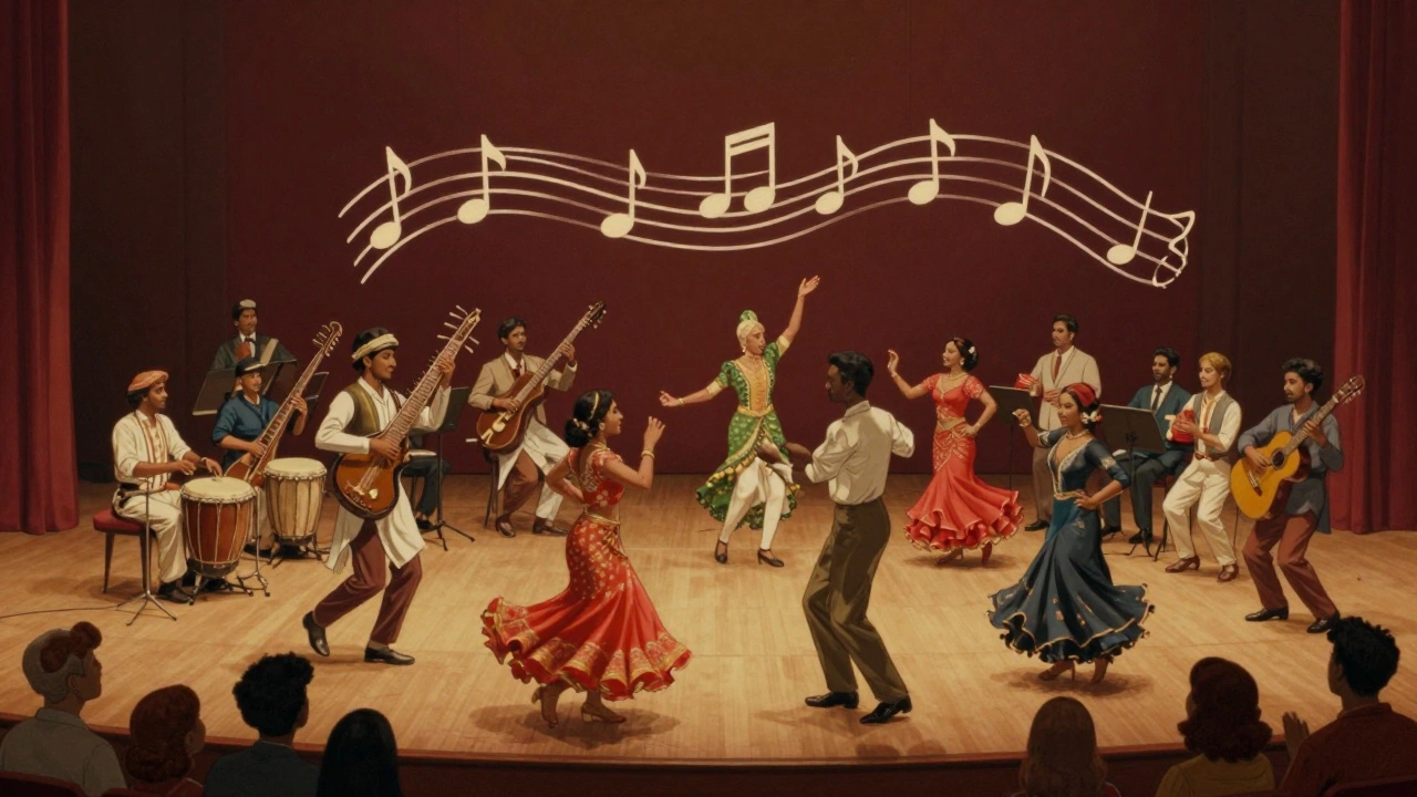 International concert hall with diverse crowd dancing to fusion music in vintage cartoon style.