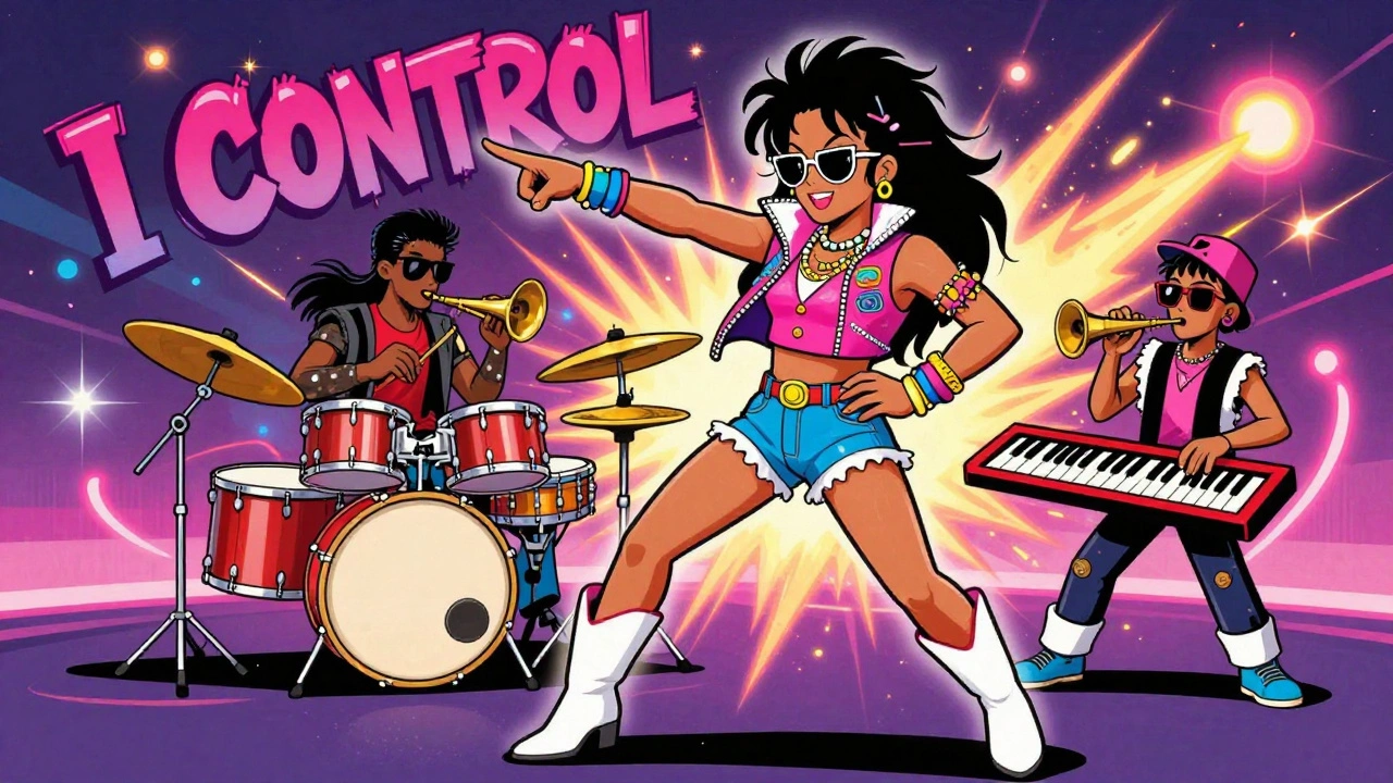 Janet Jackson directing animated instruments creating a new jack swing beat, vintage cartoon style.