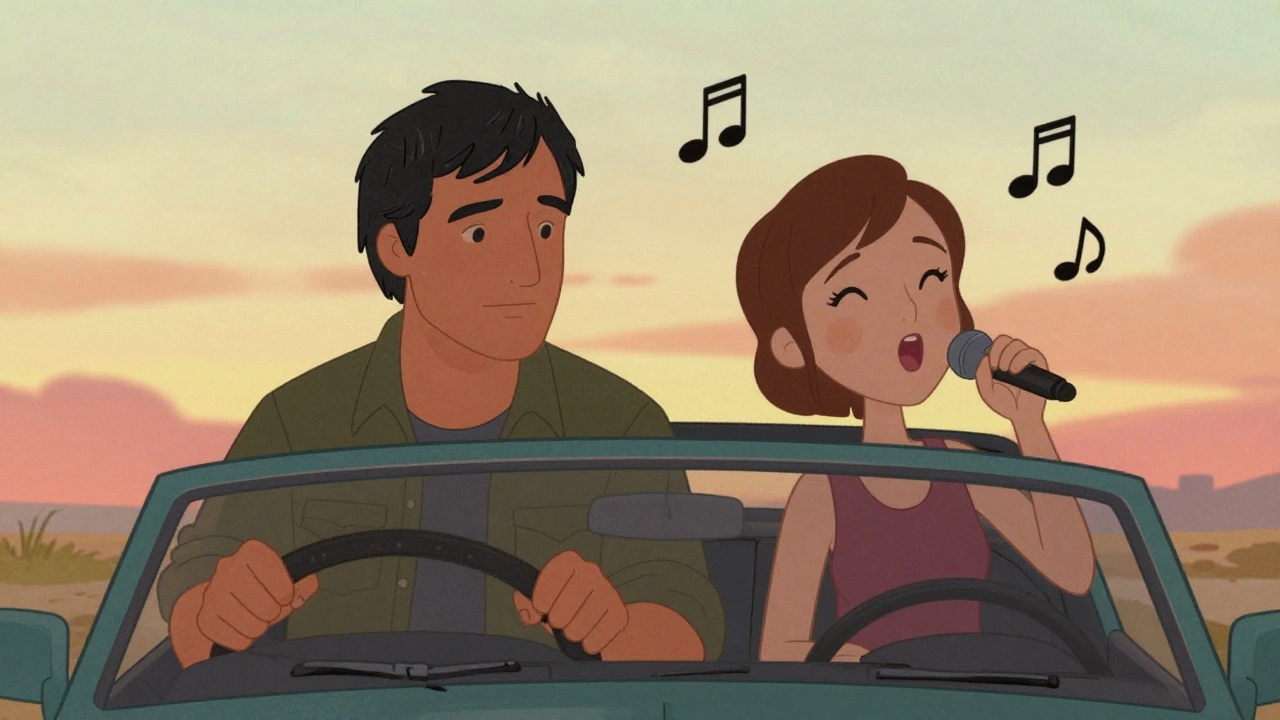 Joel and Ellie in car with Tracy Chapman's cartoon singing from The Last of Us
