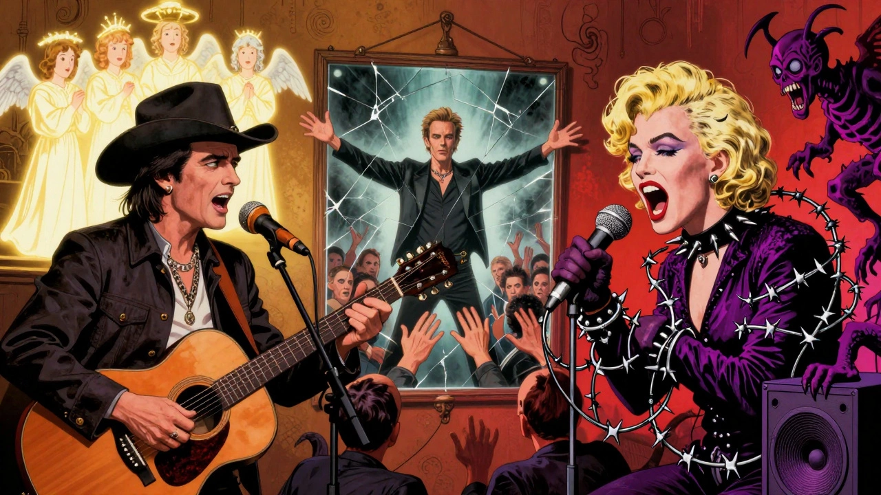 Johnny Cash and Marilyn Manson on opposite sides, with Depeche Mode's singer in a mirror, surrounded by fan figures in vintage cartoon style.