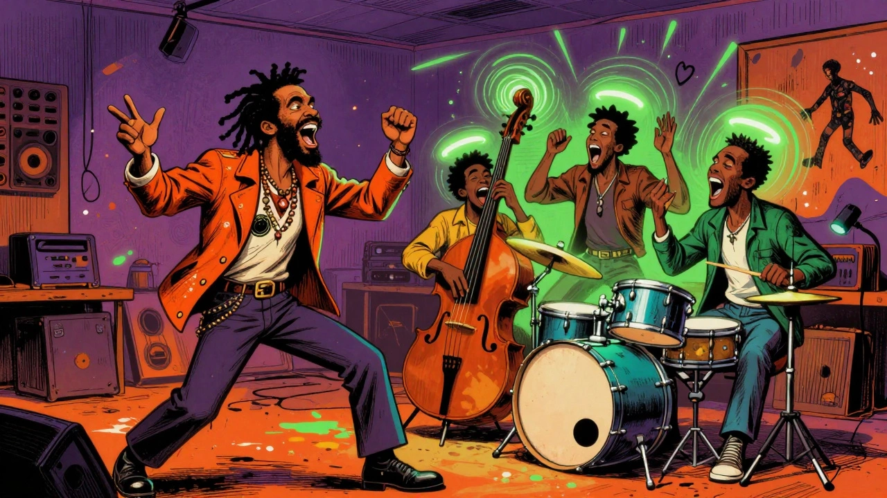 Lee Perry conducting The Wailers in a magical studio, with glowing rhythm waves and exaggerated musical energy.