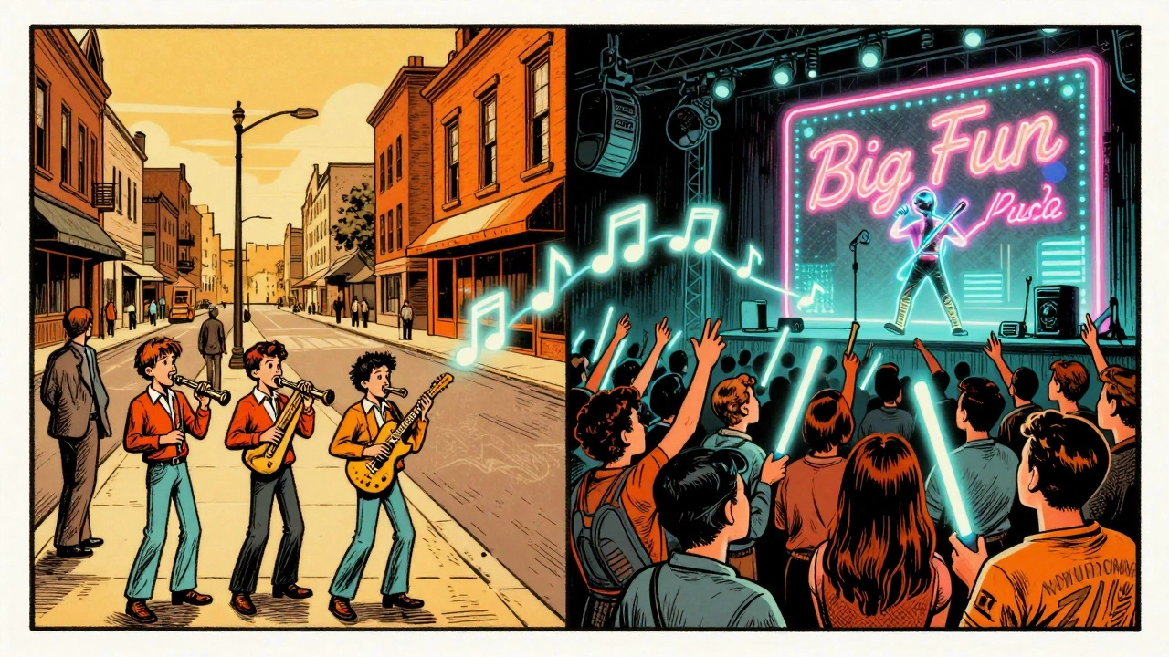 Left: Gap Band brothers playing on a Tulsa sidewalk; right: crowd in London cheering at a neon 'Big Fun' hologram.