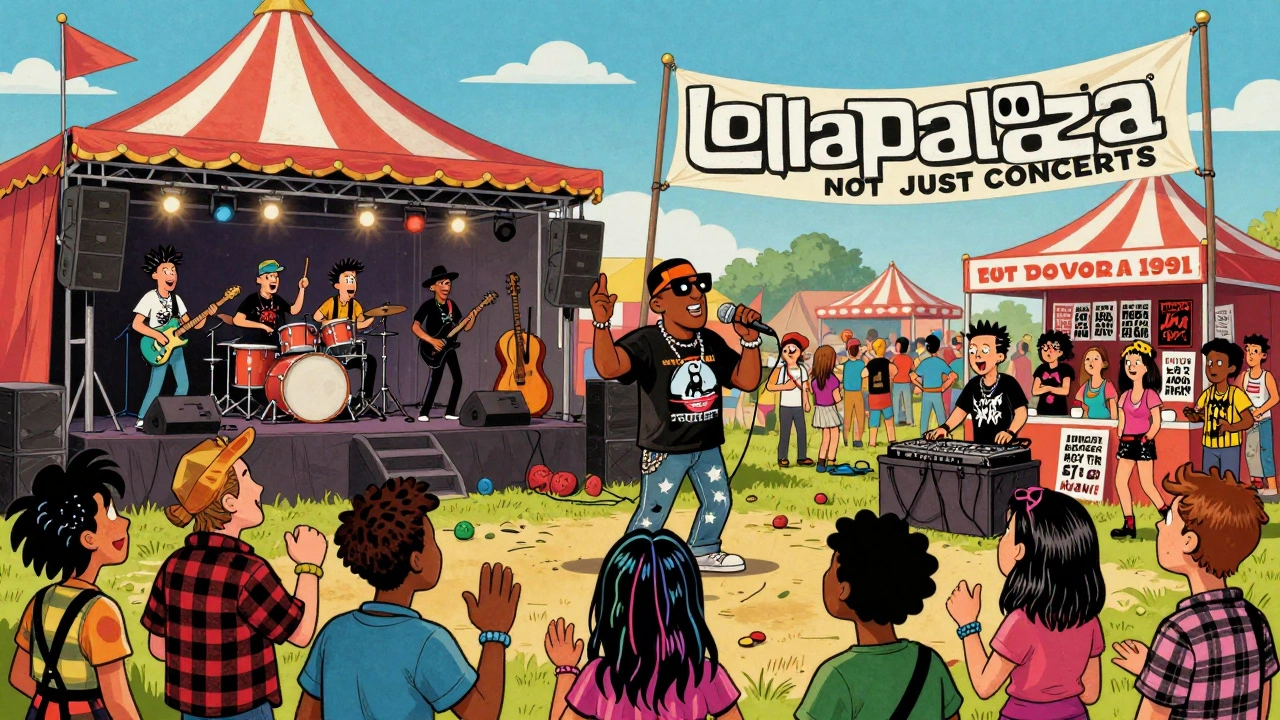 Lollapalooza 1991 as a colorful carnival with diverse bands, fans, zines, and activist booths under a glowing sky.