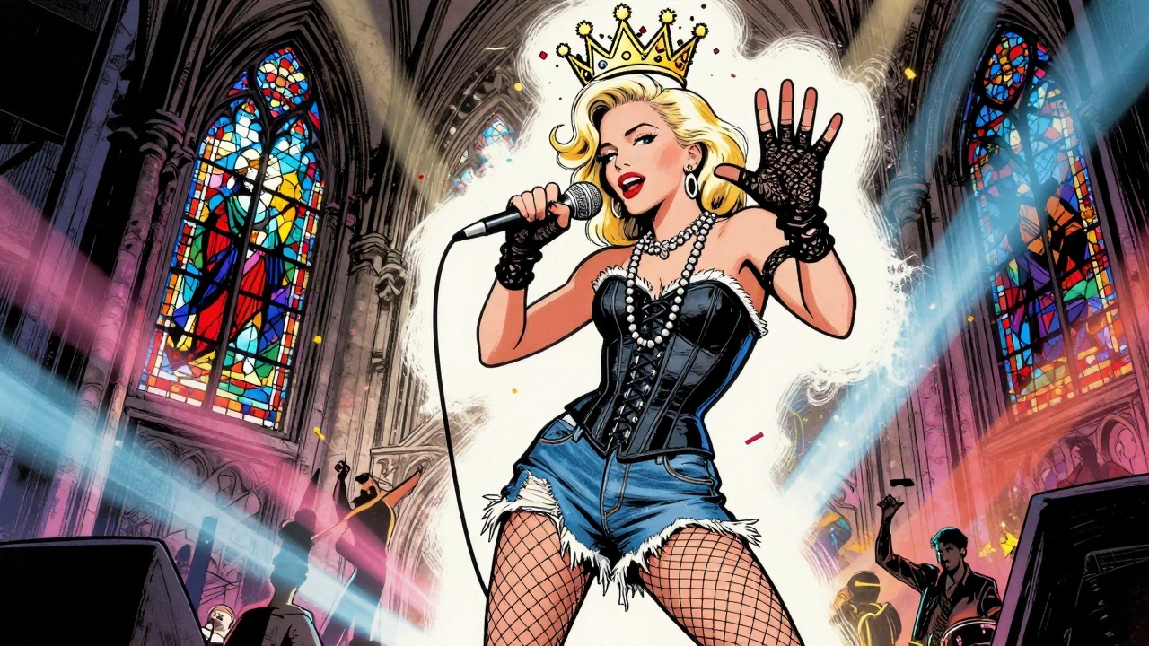 Madonna dancing with lace gloves and fishnets, one hand flipping off the camera, surrounded by confetti and religious symbols.