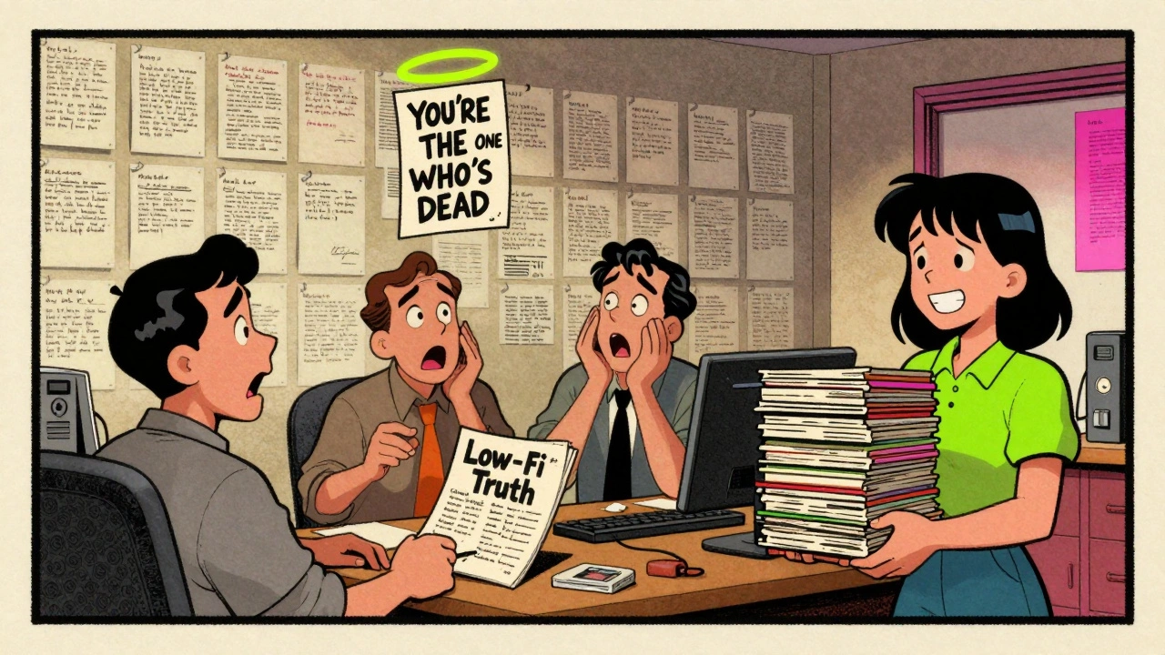 Magazine editors are overwhelmed by a wall of fan letters, with a defiant zine creator holding up her photocopied publication.