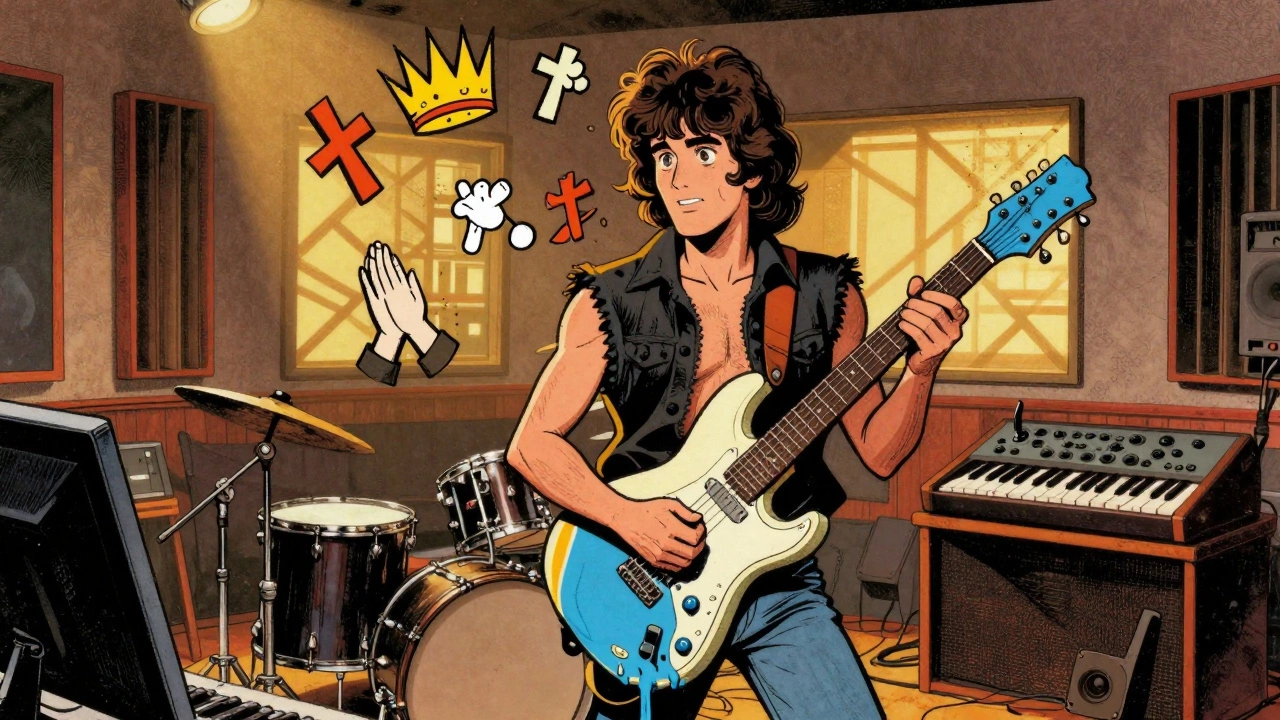 Martin Gore in a studio with a dripping guitar and floating worship symbols, illuminated by glowing synth panels.