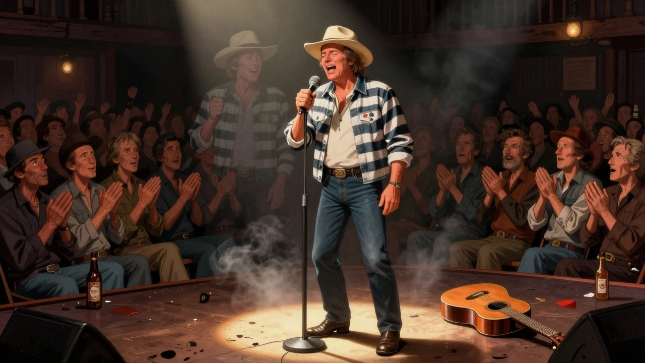 Merle Haggard singing on stage surrounded by working-class fans, ghostly prison image fading behind him, sticky floor and boot taps visible.