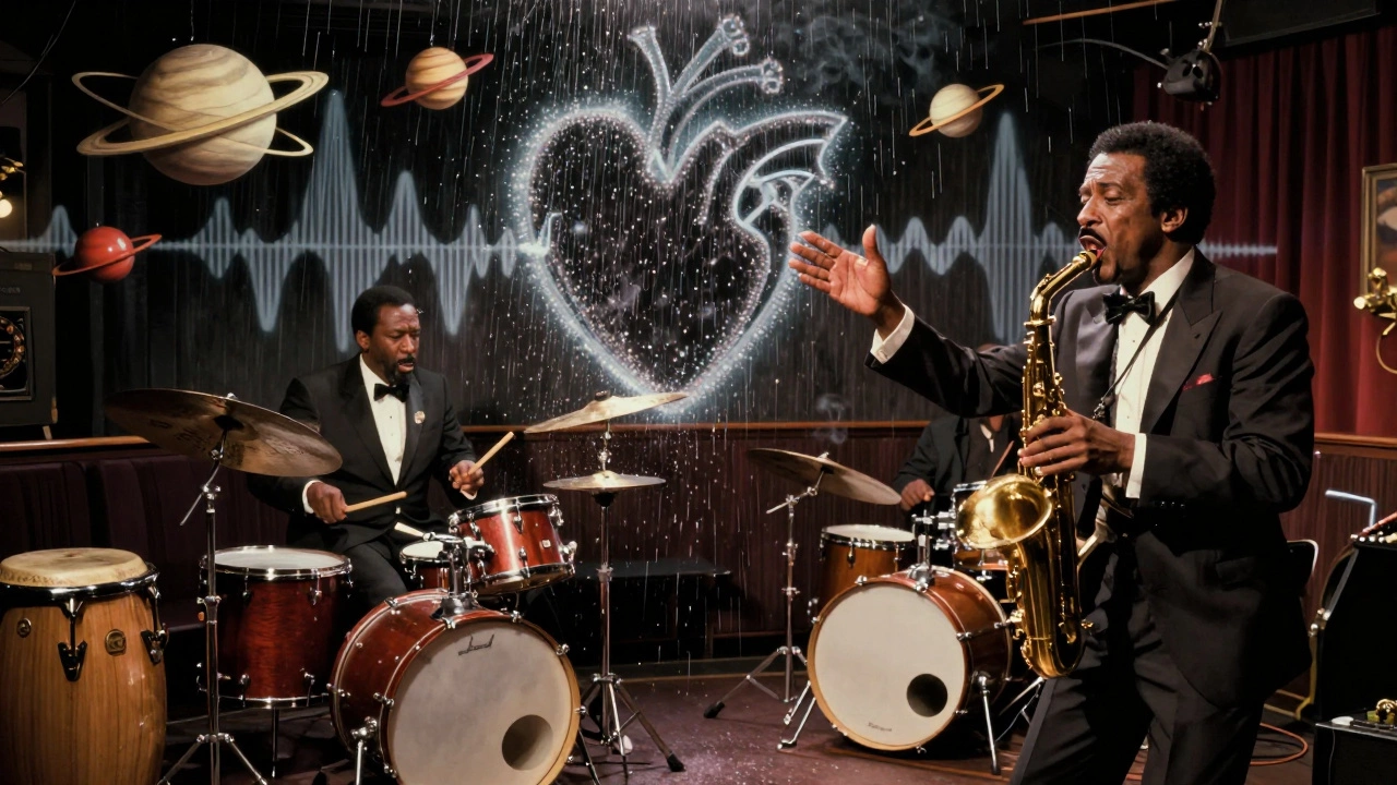 Miles Davis watches as two drummers create layered rhythms, with floating percussion instruments swirling like planets.