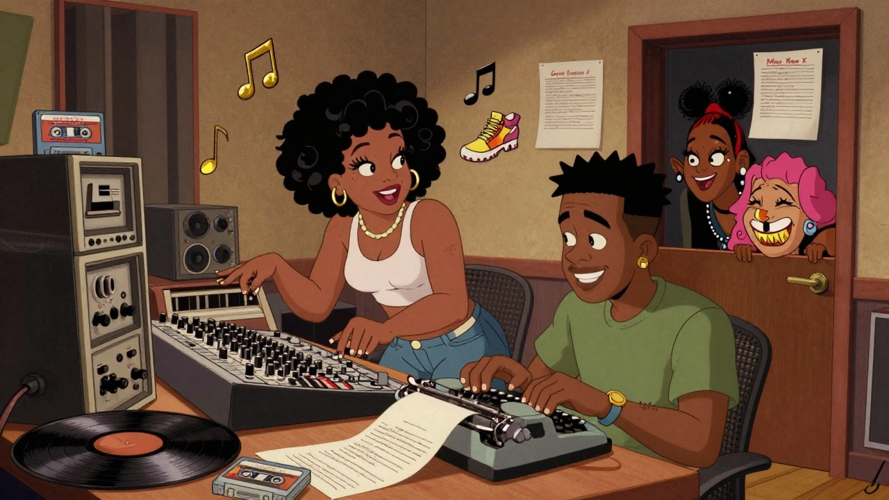 Missy Elliott and Bahamadia producing music in a 90s studio, surrounded by tapes and gear, vintage cartoon style.