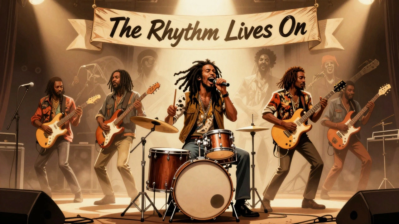 Modern Wailers Band performing as ghostly originals watch from behind, honoring the legacy of reggae.