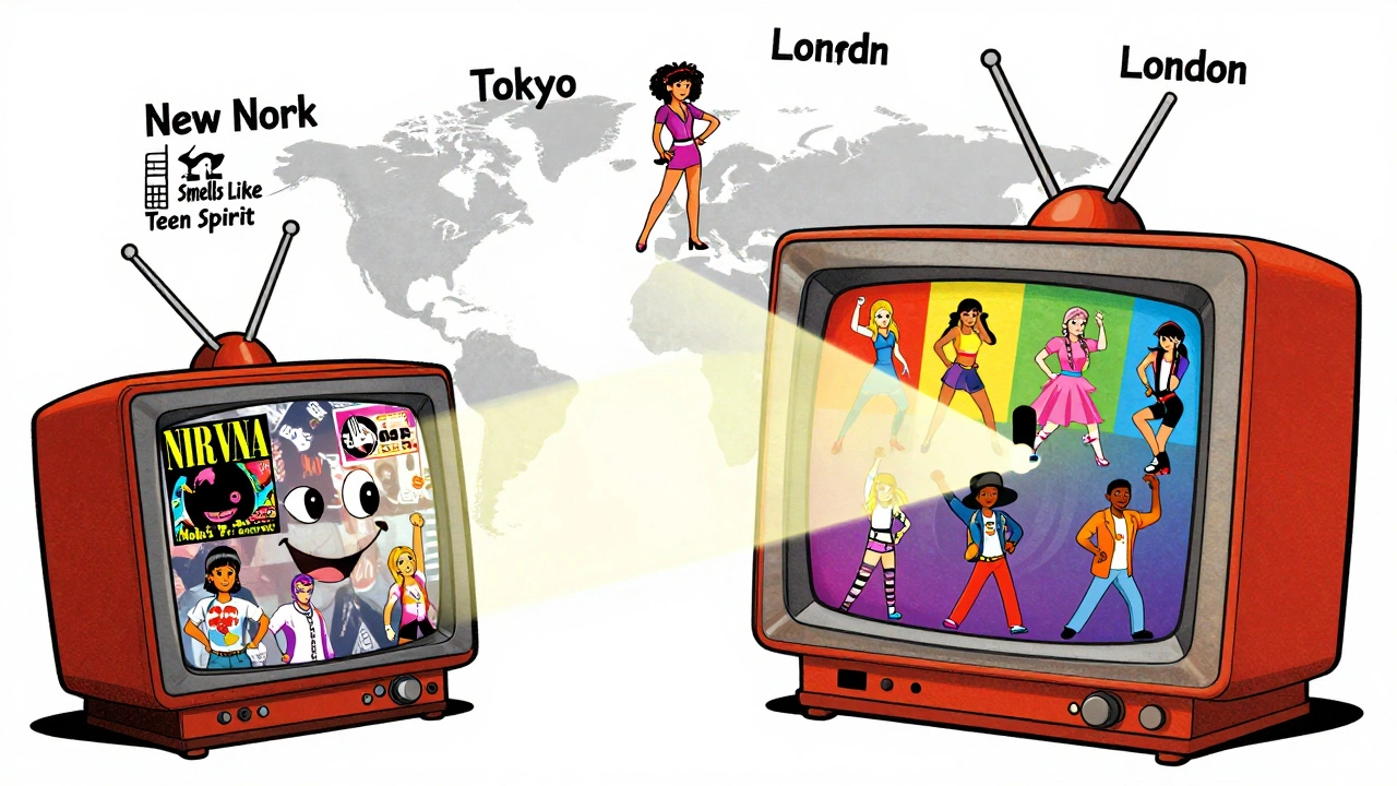 MTV as a giant TV broadcasting music videos worldwide, changing fashion and culture in cities from New York to Tokyo.