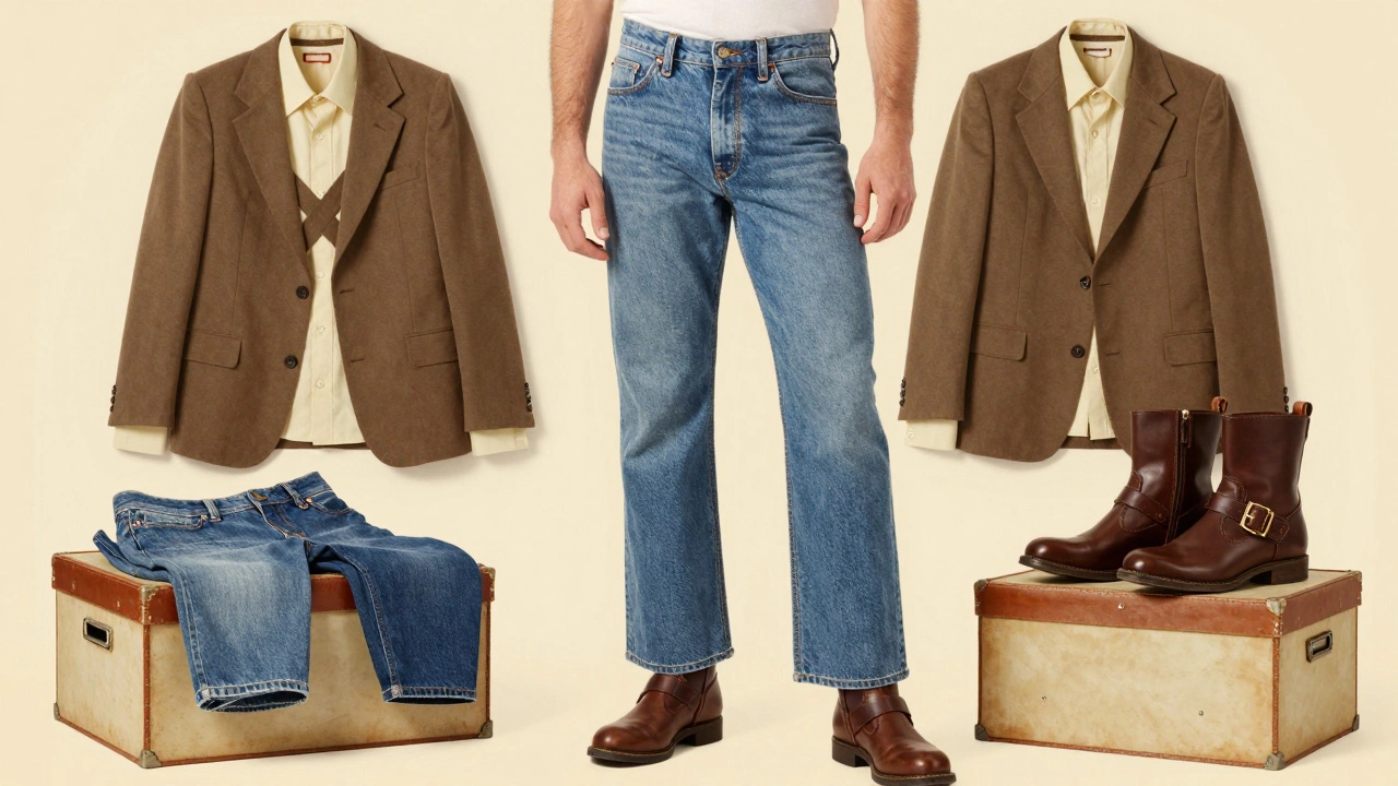 Person in denim outfit with crossed-out blazer and open collar