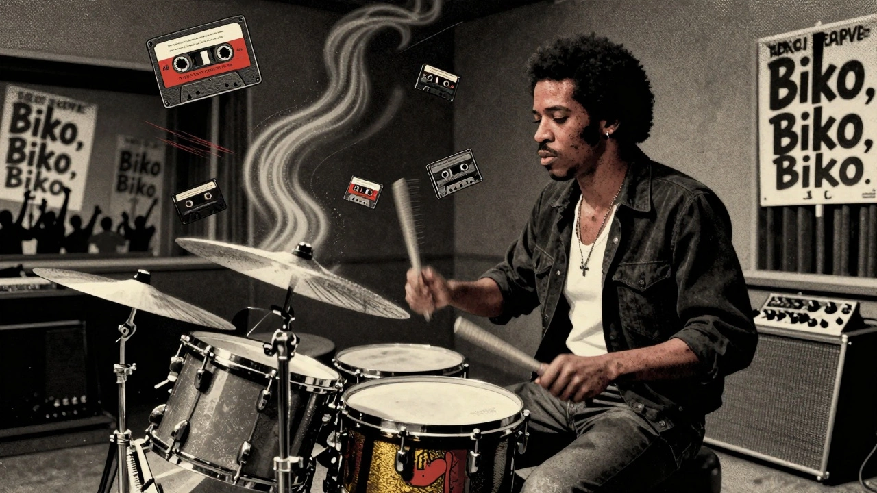 Peter Gabriel drums as ghostly echoes of Steve Biko rise, surrounded by floating cassettes and global crowds singing.