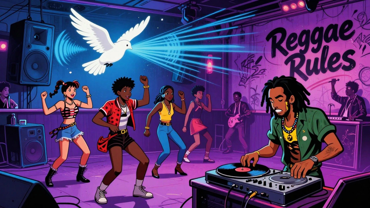 Punk teens and Caribbean fans dance together in a London club, blending Clash and reggae music.