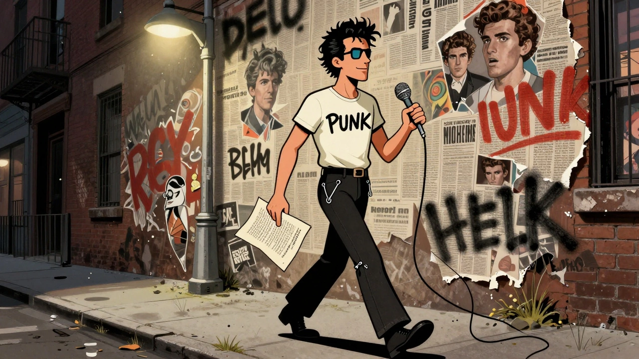 Richard Hell walking through a collaged alley with safety pins and a 'PUNK' chest scribble in vintage cartoon style.