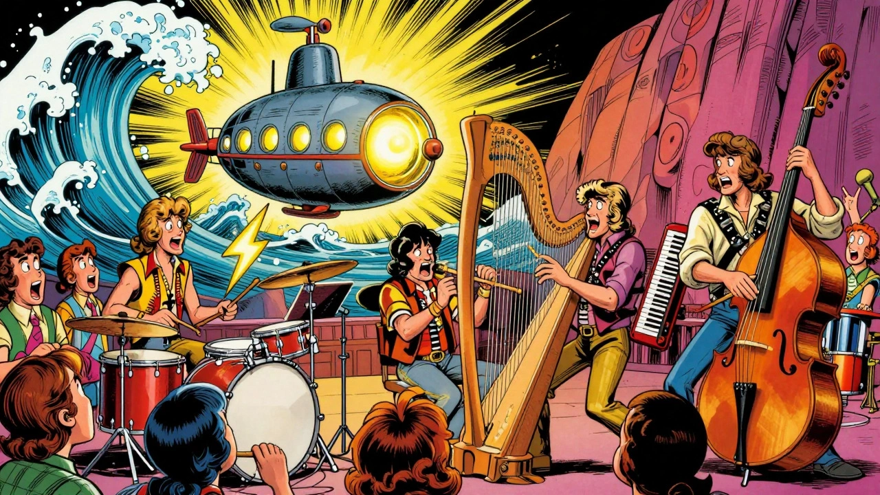 Rick Wakeman conducting a wild rock orchestra with a submarine emerging from music, vintage cartoon style.