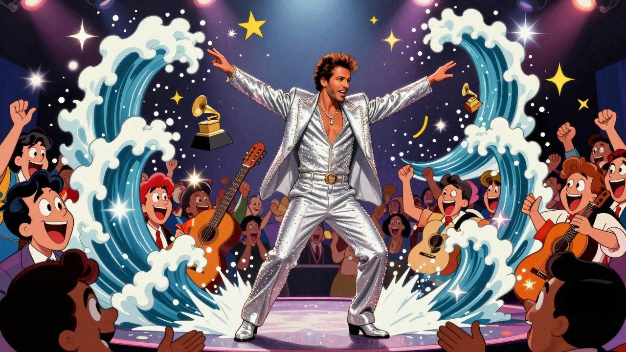 Ricky Martin performing 'Livin' la Vida Loca' at the 1999 Grammys as musical energy explodes around him.