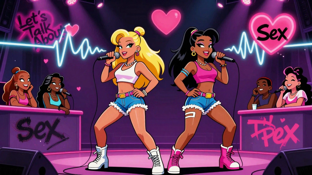 Salt-N-Pepa performing with bold 90s fashion, sound waves shaped like lips and hearts, vintage cartoon style.