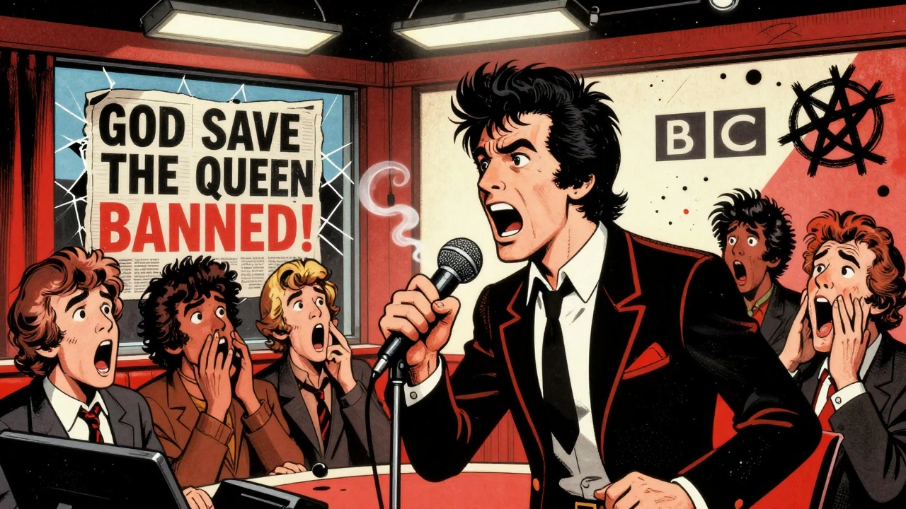 Sex Pistols on live TV as John Lydon curses, studio audience shocked, newspaper headlines scream about banned song.