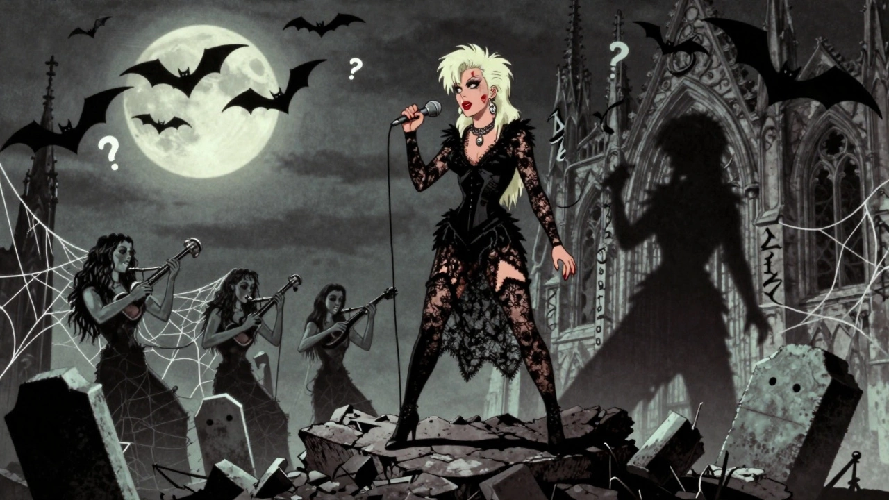 Siouxsie Sioux standing like a gothic queen, shadow turning into bats, dark and dramatic cartoon scene.