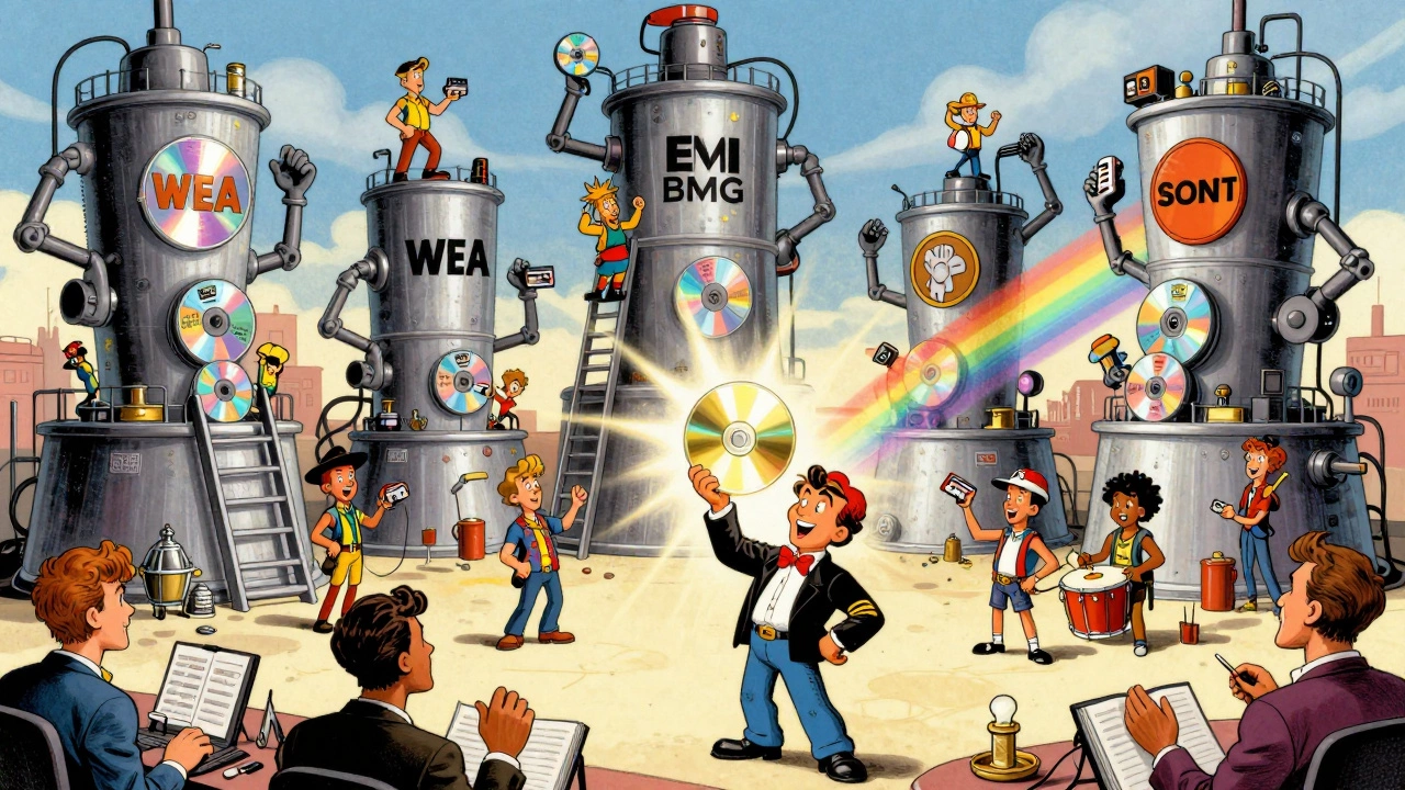 Six giant record label machines producing CDs, with musicians from around the world handing over songs, and Ace of Base holding a glowing golden disc.