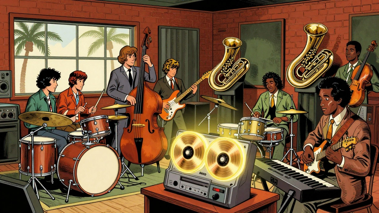 Split cartoon scene showing LA and Philly session players creating iconic disco grooves in their respective studios.