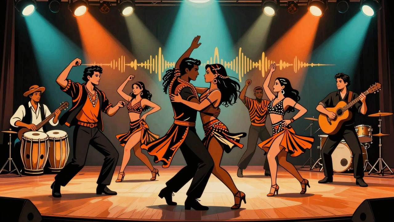 Stage performance with salsa, Bhangra, and hip-hop dancers synced to music in vintage cartoon style.