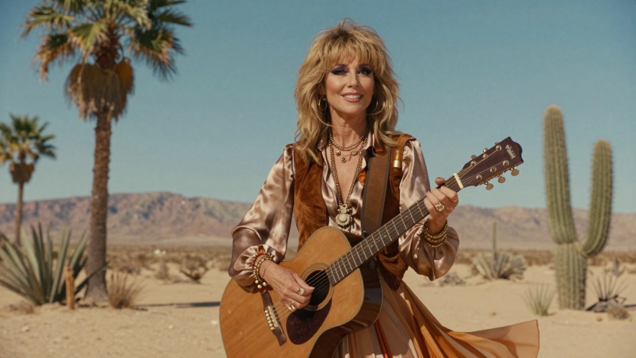 Stevie Nicks in silk blouse and suede vest in desert setting