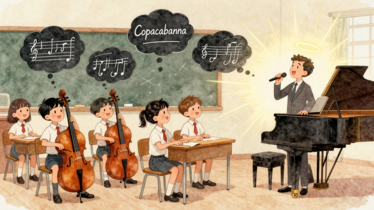 Students arranging a pop song with simple instruments, surrounded by floating musical ideas.