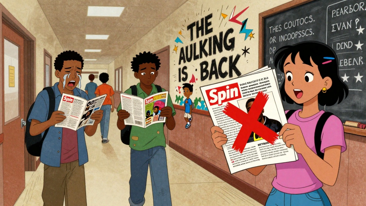 Students in a 90s hallway exchange fan zines, one reading aloud as a mural declares 'The Audience Is Talking Back'.