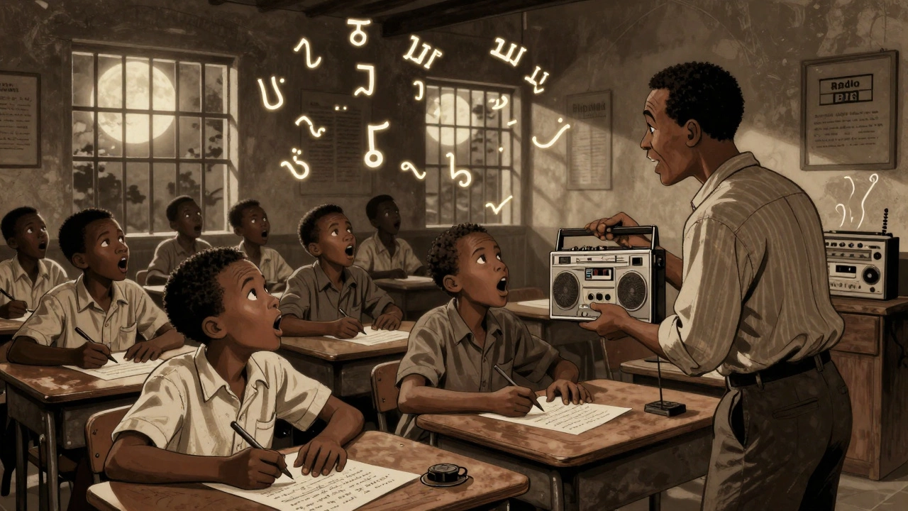 Students in Soweto secretly sing freedom songs while a teacher plays a cassette, moonlight shining through barred windows.