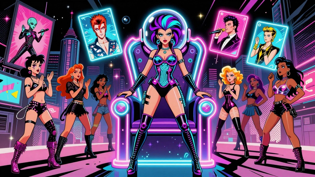 Tash Blake on a neon throne in cyberpunk glam style, fans in glitter and face paint, holograms of rock legends behind her.