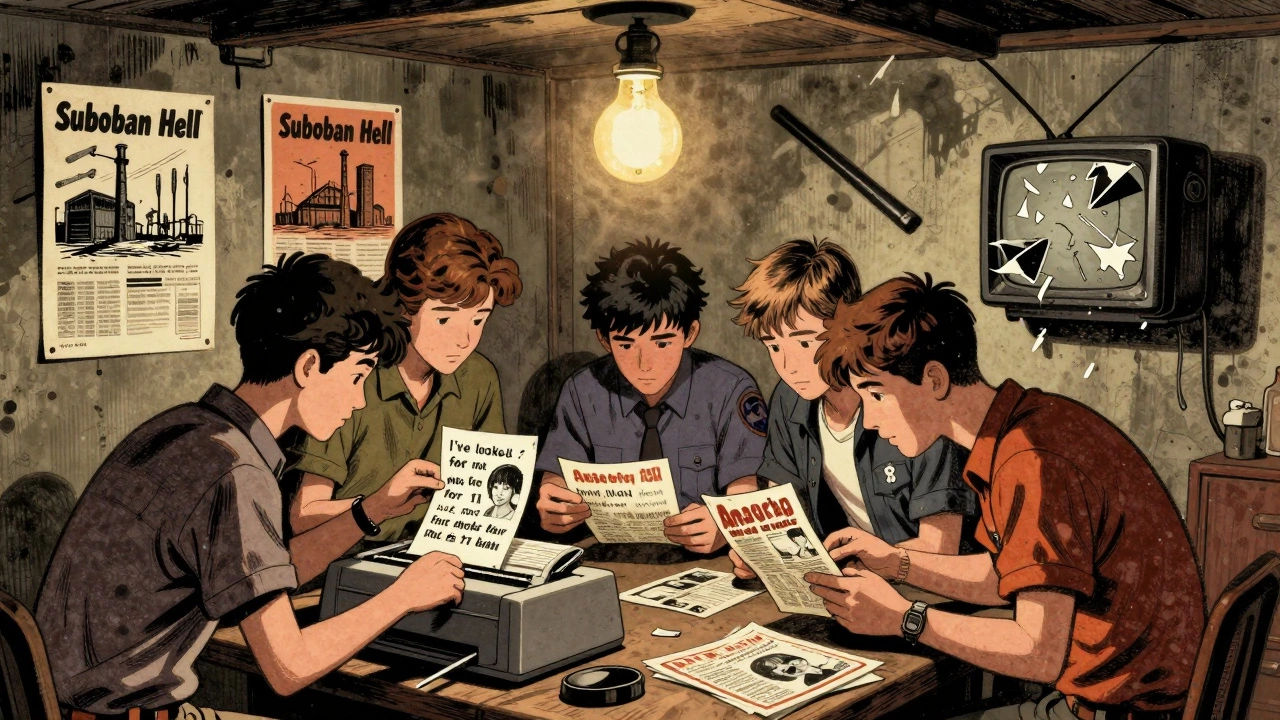 Teenagers in a basement photocopying and stapling punk fanzines, posters of factories and police on the walls.