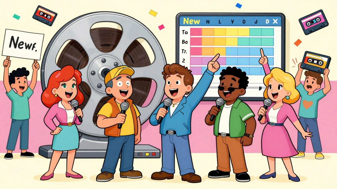 The original five MTV VJs stand before a spinning video reel, pointing to a colorful countdown chart with energetic fan energy around them.