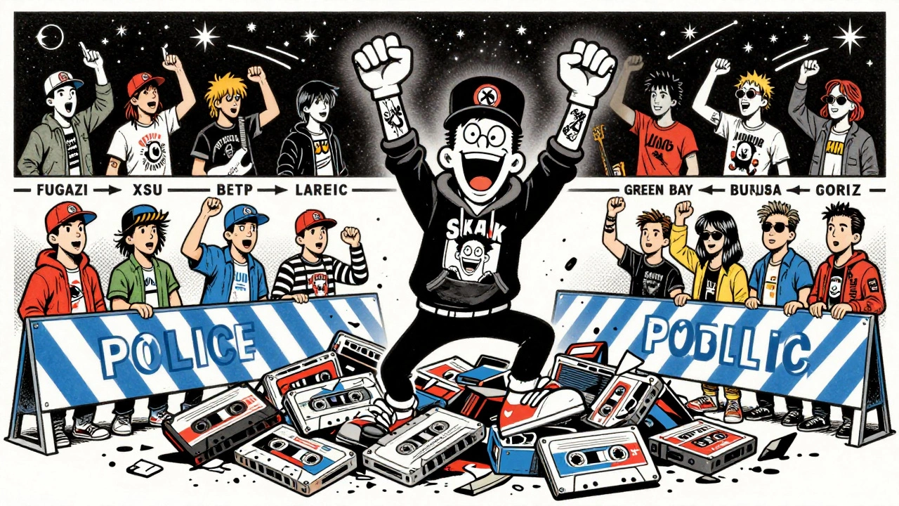 The Skank Man mascot rising from tapes and barricades, fans worldwide wearing his image.