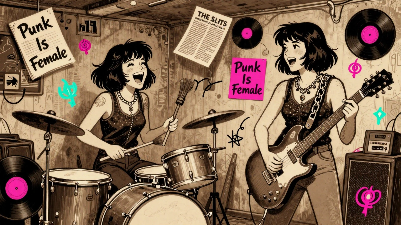 The Slits performing in a basement, drumming on trash cans, surrounded by feminist zines and punk flyers.