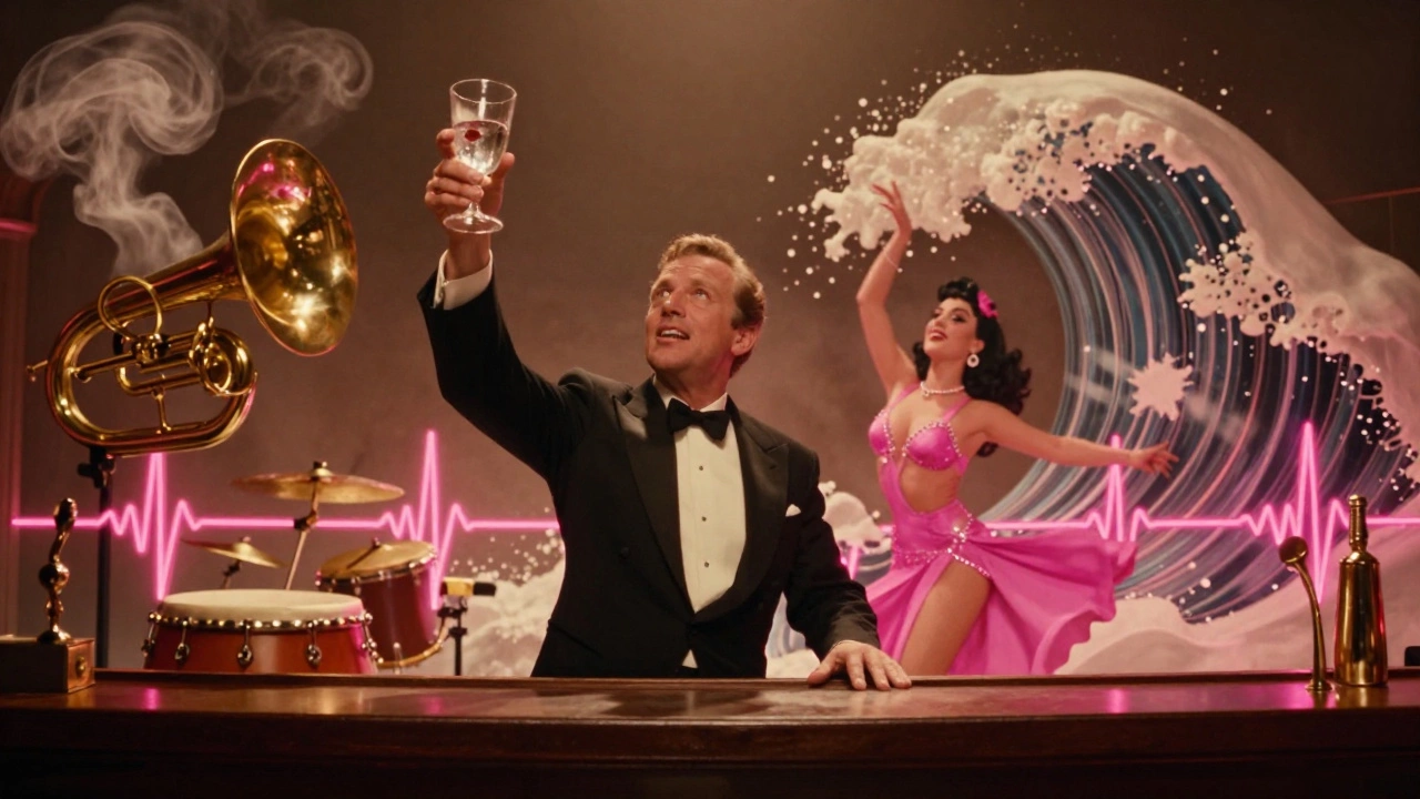 The story of Copacabana told through cartoonish characters and musical instruments as emotional forces.