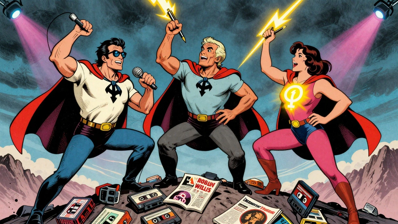 Three iconic 1970s music critics as comic book heroes debating atop a mountain of tapes and magazines.