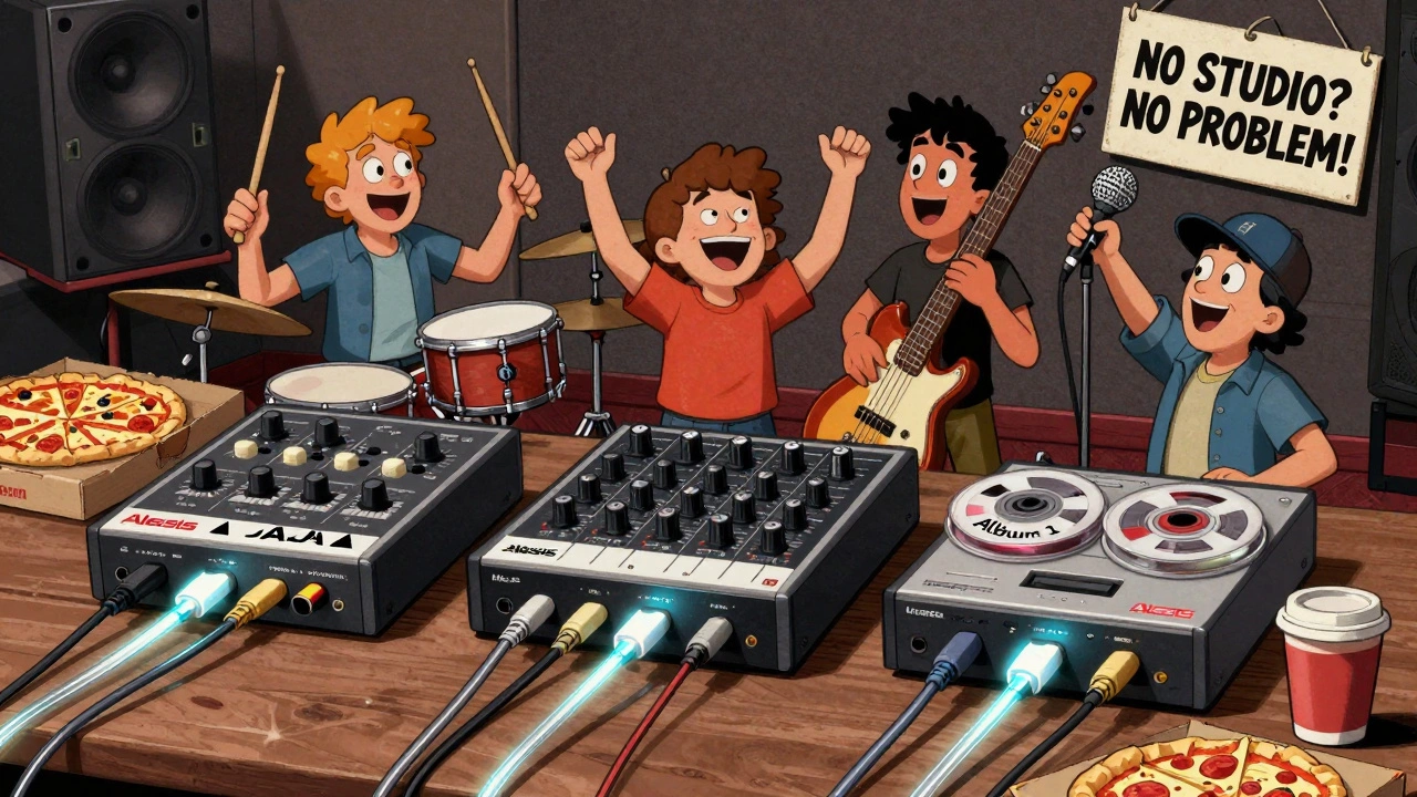 Three linked ADAT machines in a home studio, with a band celebrating a recording session.