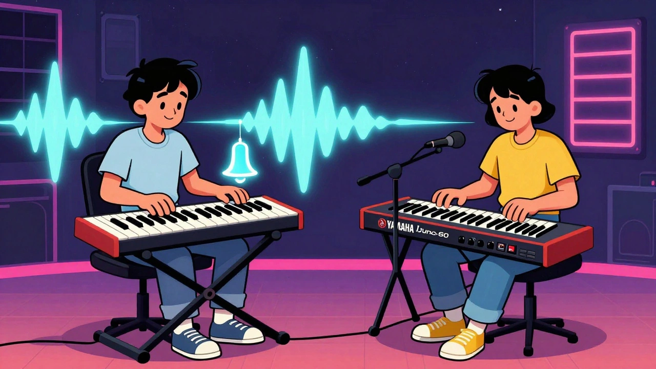 Two musicians creating iconic 80s synth sounds: DX7 for bell tones, Juno-60 for basslines in cartoon style