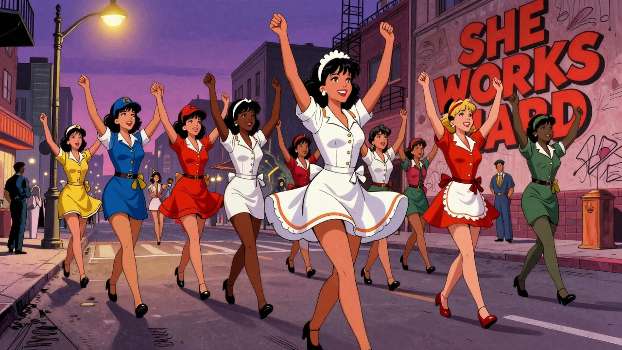 Women in service uniforms marching and dancing down a city street at dusk, led by Donna Summer, no men in sight.