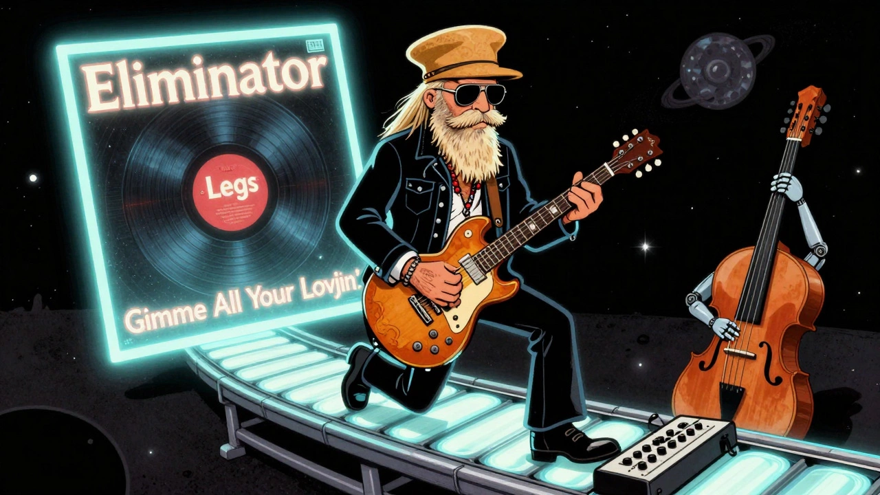 ZZ Top's guitarist with a sequencer beneath his feet and a spinning 'Eliminator' album glowing in space.
