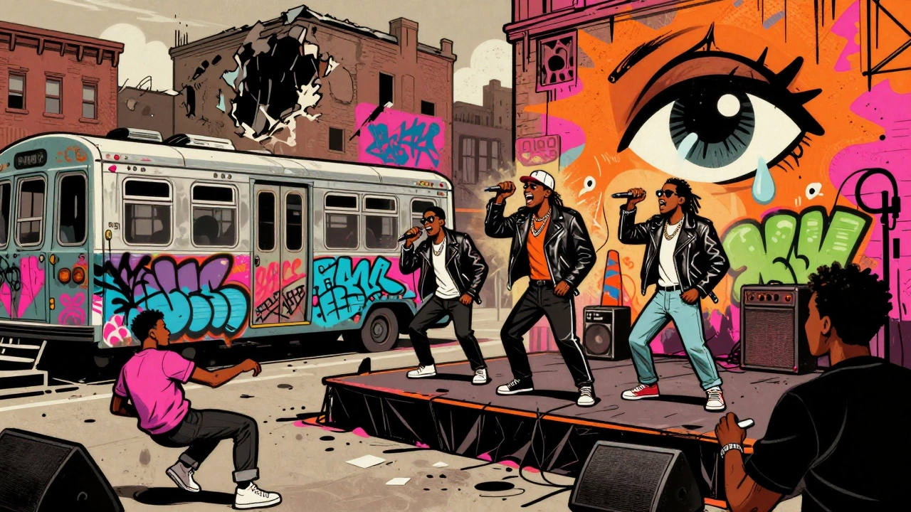 1980s block party with Run-D.M.C. performing beside spray-painted subway art and burning buildings.