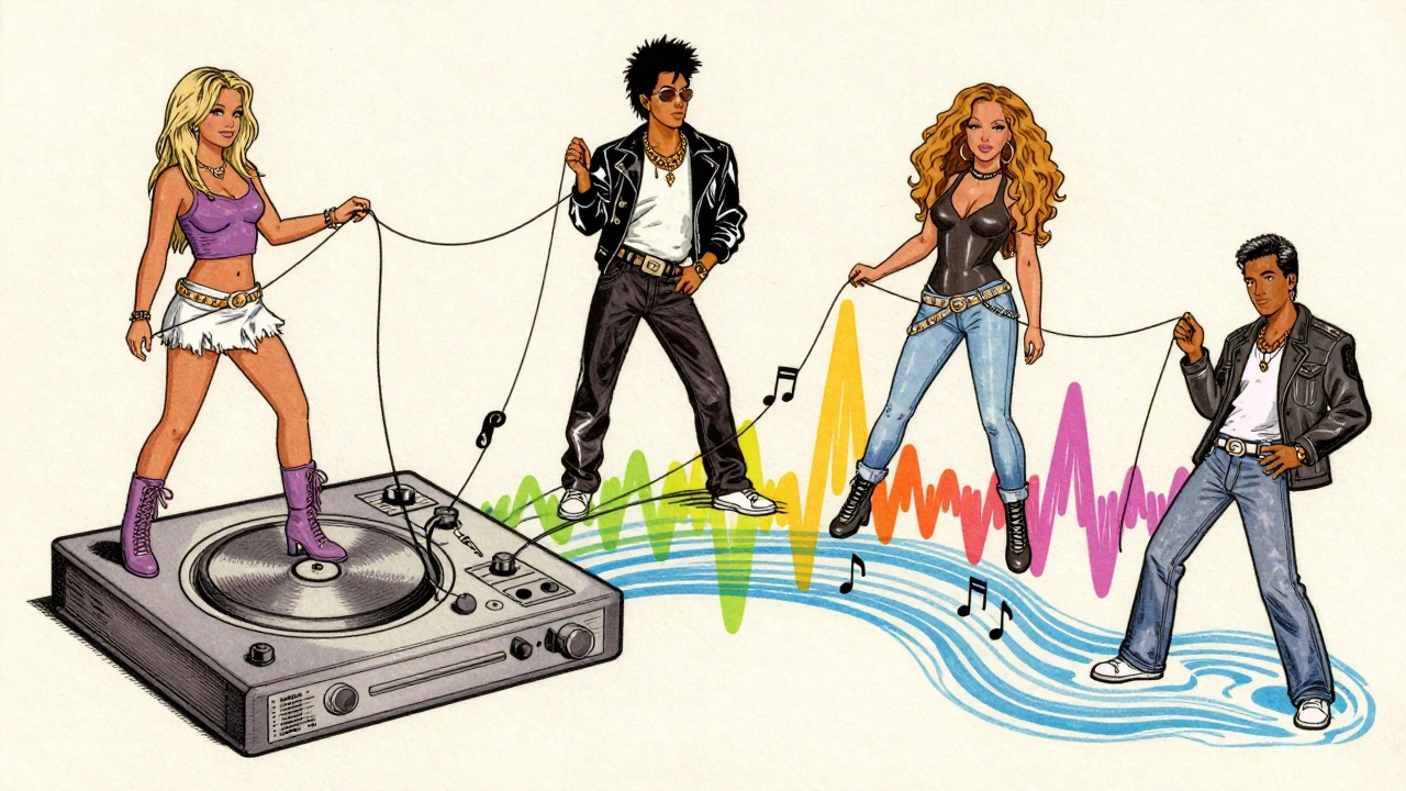 1990s pop stars pulling musical threads from 1980s icons on a giant sampler.