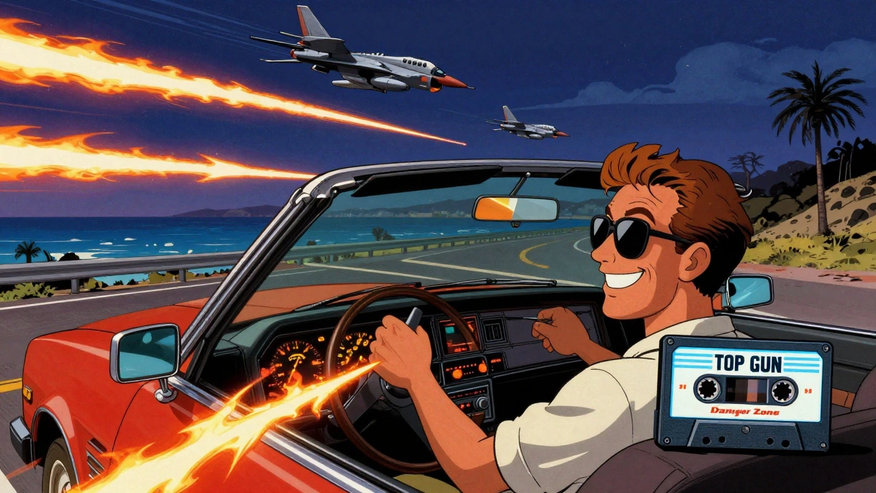 A 1980s convertible drives at night with fighter jets soaring above as "Danger Zone" plays from the radio.