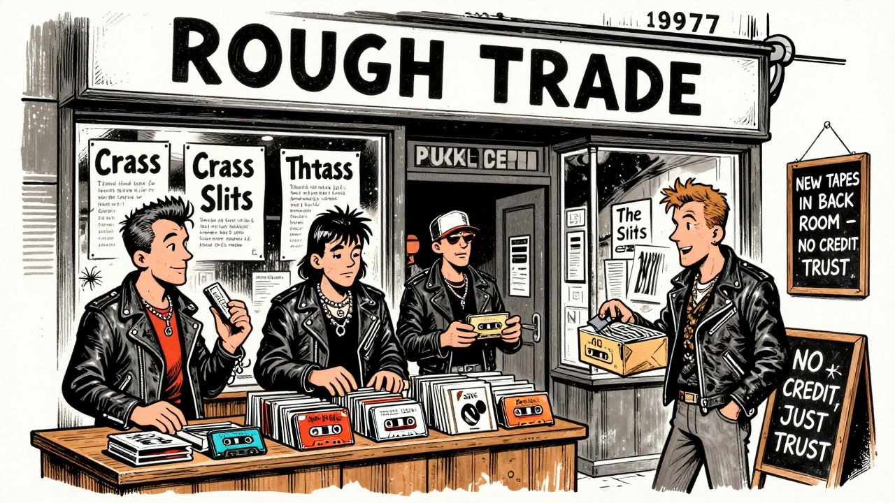 A bustling 1977 London punk record shop where fans trade cassettes and flyers, with Rough Trade sign visible and chalkboard reading 'NEW TAPES IN BACK ROOM'.