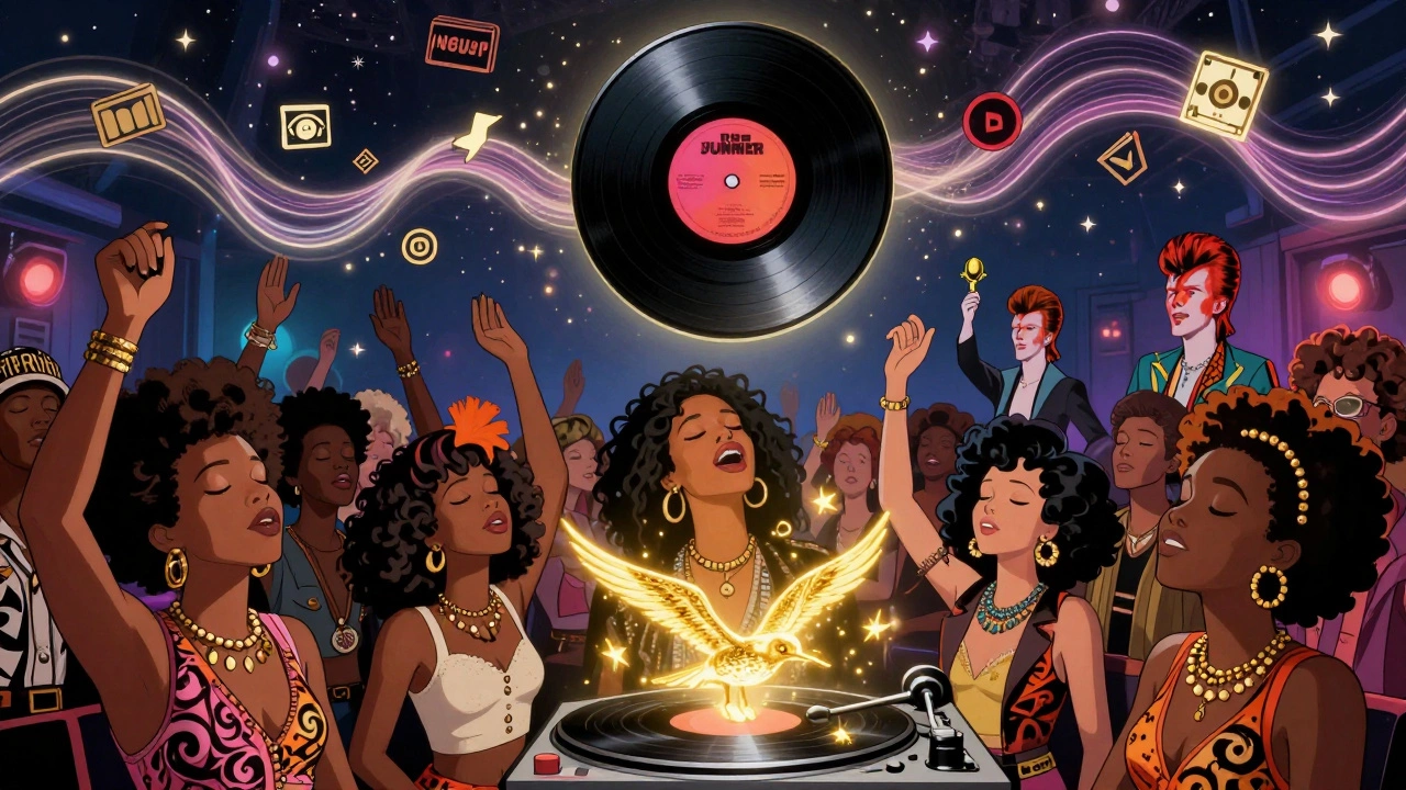 A diverse crowd in a club uplifted by glowing birds of sound from a spinning vinyl record in the sky.