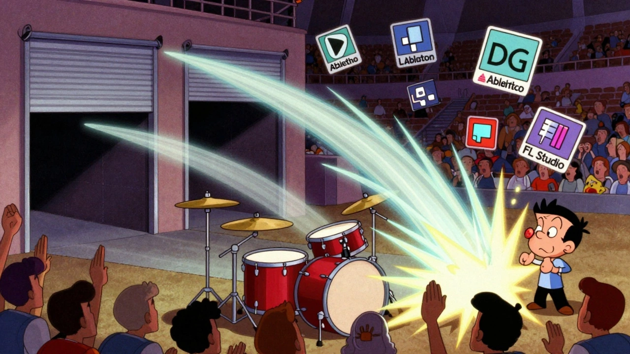 A drum fill with gated reverb tails snapping shut like garage doors, surrounded by stylized DAW logos in retro cartoon style.